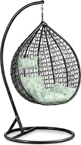 Čierne závesné kreslo KOKON so stojanom, svetlozelený vankúš so vzorom