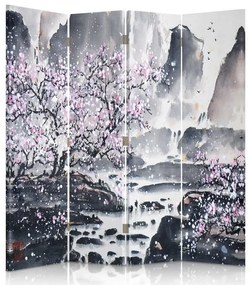 Ozdobný paraván Japonská krajina - 145x170 cm, štvordielny, obojstranný paraván 360°