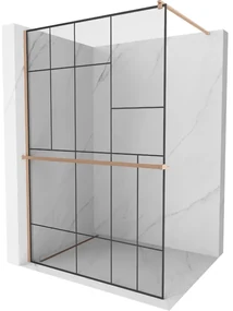 Mexen Kioto+, sprchová zástena Walk-In s poličkou a vešiakom 90 x 200 cm, 8mm číre sklo čierny vzor, medený matný profil, 800-090-121-65-78