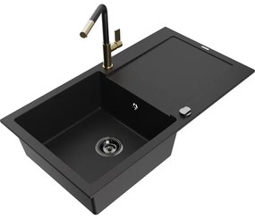 Mexen Leo, 1-komorový granitový drez 900x500x190 mm a drezová batéria Flora, čierna, 6501-77-670401-57-B