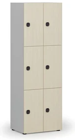 Drevená šatníková skrinka s úložnými boxmi, 6 boxov, kódový zámok, sivá/breza