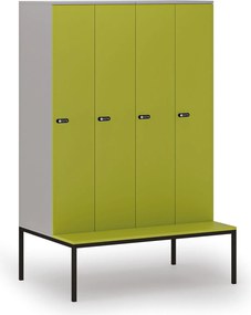 Drevená šatníková skrinka S4 s lavičkou, 4 oddiely, 1871 x 1200 x 500/800 mm, demont, mechanický kódový zámok, sivá/zelená