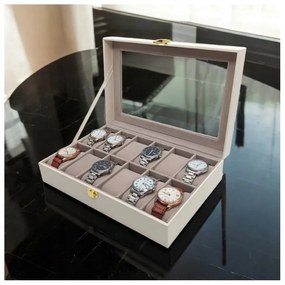 eCarla Organizér na hodinky, box, puzdro na 12ks hodiniek, ekokoža, biela