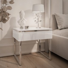 NOČNÝ STOLÍK NESSIE BIELY LESK + STRIEBORNÝ PODSTAVEC