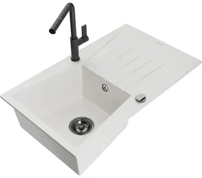 Mexen Cesar, 1-komorový granitový drez 775x470x190 mm a drezová batéria Flora, biela, 6514-20-670401-70-B