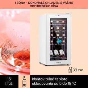 Klarstein Shiraz 15 Slim Uno, vinotéka, 44 l, 135 W, 5–18°C, dotykové ovládanie, biela