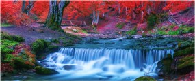 Obraz vodopádu v červenom lese (120x50 cm)