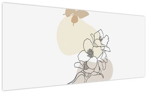 Obraz - Béžové kvety s motýľom N⁰3 (120x50 cm)