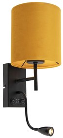 Nástenná lampa čierna s plyšovým žltým tienidlom - Stacca