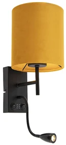Nástenná lampa čierna s plyšovým žltým tienidlom - Stacca