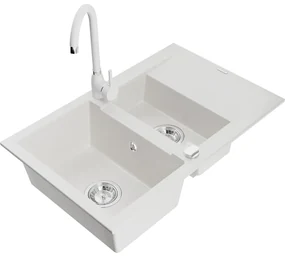 Mexen Gaspar, 1,5-komorový granitový drez s odkvapkávačom 74x48 cm a kuchynskou batériou Telma, biela, 6507-20-670200-20
