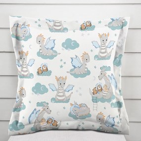 Biante Detská bavlnená obliečka na vankúš s lemom Sandra SA-689 Dráčikovia s medvedíkmi na modrozelených obláčikoch na bielom 40 x 60 cm
