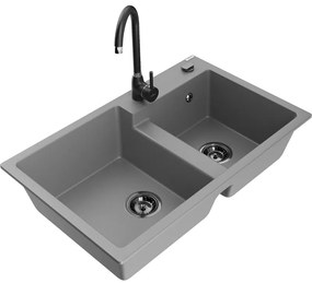 Mexen Tomas, granitový drez 800x500x190 mm, 2-komorový a čierna batéria Telma, šedá, 6516-71-670200-70-B