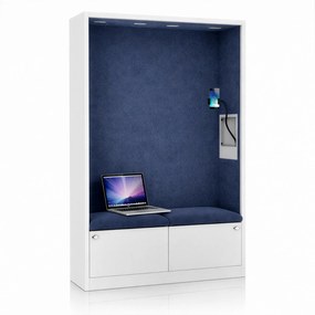 Kancelárska akustická kabína so sedadlom a portom USB-C, telo v biely / sedák tmavomodrá v zelenej farbe, 1150 mm: SALLY MentalBox