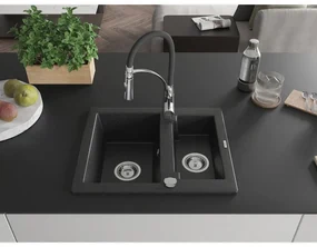 Mexen Carlos, 1,5-komorový granitový drez 582x475x177 mm a drezová batéria Aster, čierna-strieborná metalíza, 6518-73-73450-07