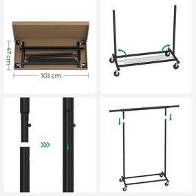 SongmicsHome Stojan na oblečenie INEZ na kolieskach, max.90kg, 83,5x45x160cm, čierna