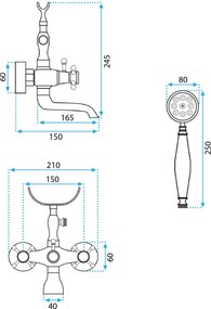Rea Rustico, nástenná vaňová batéria s ručnou sprchovou súpravou, retro čierna, REA-B0701