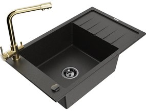 Mexen Elias, 1-komorový granitový drez s odkvapkávačom 795x480x200 mm a zlatá batéria Duero, čierna - zlatá metalíza, 6511-75-671600-50-B
