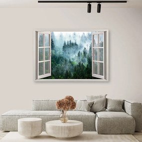 Obraz na plátně, Okno zeleného lesa v přírodě mlhy - 90x60 cm