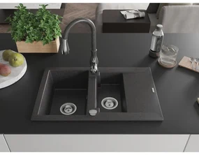 Mexen Gaspar, 1,5-komorový granitový drez 737x475x177 mm a drezová batéria Savita, čierna škvrtnitá, 6507-76-672601-76
