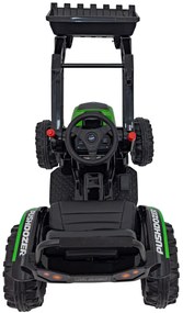 Zelený detský traktorový bager na batérie + pohyblivé rameno + diaľkové ovládanie + pomalý štart + FM rádio + LED