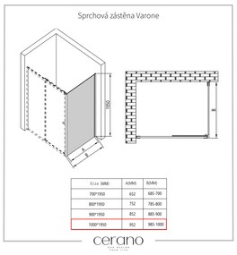 Cerano Varone, sprchovací kút s posuvnými dverami 90 (dvere) x 100 (stena) x 195 cm, 6mm číre sklo, chrómový profil, CER-CER-DY505-90100