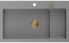 Mexen Omar, 1-komorový granitový drez 800x480x210 mm, šedá, zlatý sifón, 6520801005-71-G