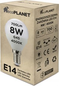 ecoPLANET LED žiarovka E14 - G45 - 8W - 700lm - neutrálna biela