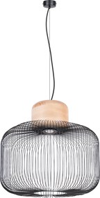 Závesné svietidlo Gabbia, 1x čierne drôtené tienidlo, drevo, (fi 55cm)