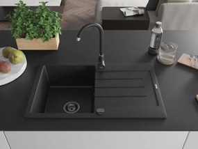 Mexen Bruno, drez granitový 795x495x200 mm, 1-komorový, čierna-strieborná metalíza s čiernym sifónom, 6513791010-73-B