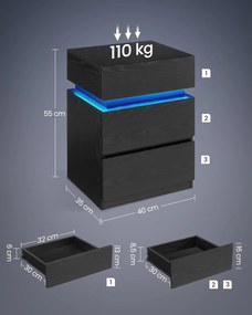 Nočný stolík s viacfarebným nastaviteľným LED pásikom, 3 zásuvky, čierny
