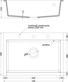Mexen Elix, 1-korový granitový drez 700 x 500 mm, šedá, čierny sifón, 6526701005-71-B