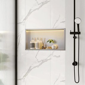 Rea Vstavaná kúpeľňová polica s LED osvetlením 60x30 cm, kartáčovaná oceľ