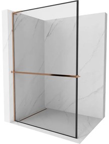 Mexen Kioto+ L, sprchová zástena Walk-In s poličkou a vešiakom 50 x 200 cm, 8mm číre sklo čierny vzor, ružové zlato profil, 800-050-123-60-70