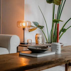 Art Deco stolná lampa čierna s jantárovým sklom - Bizle