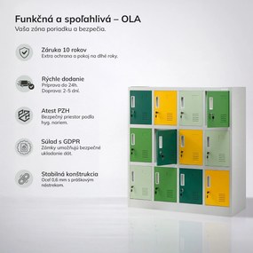 Kovová skrinka do školy a škôlky sivo-zeleno-žltá, 1090x1200x450 mm: OLA