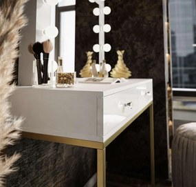 Toaletný stolík so zrkadlom GWEN  biely lesk + zlatý podstavec