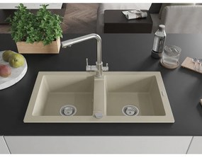 Mexen Mario, 2-komorový granitový drez 820x436x161 mm a chrómová drezová batéria Duero, béžová, 6504-69-671600-00