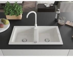 Mexen Mario, 2-komorový granitový drez 82x44 cm s kuchynskou batériou Telma, biela, 6504-20-670200-20