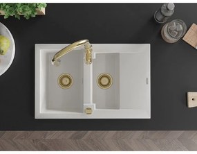 Mexen Gaspar, 1,5-komorový granitový drez 737x475x177 mm a drezová batéria Savita, biela, 6507-20-672601-50
