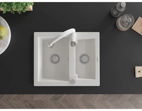 Mexen Carlos, 1,5-komorový granitový drez 582x475x177 mm a drezová batéria Savita, biela, 6518-20-672601-20