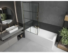 Mexen Next, vaňová zástena 1-krídlová 90 x 150 cm, fixné krídlo, 6 mm číre sklo s čiernym vzorom, zlatý profil, 895-090-000-00-77-50