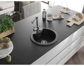 Mexen Diego, 1-komorový granitový drez 488x488x167 mm, chrómová batéria Duero, čierna, 6512-77-671600-00