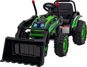 Ramiz Detský traktor na batérie Zelený + pohyblivé rameno s lyžicou + diaľkové ovládanie + pomalý štart + FM rádio + LED