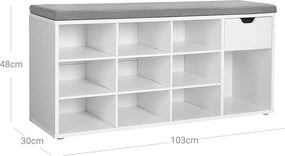 Lavica na topánky so zásuvkou a otvorenými priehradkami, botník, 104 x 30 x 48 cm, biela