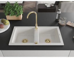 Mexen Mario, 2-komorový granitový drez 82x44 cm s kuchynskou batériou Telma, biela, 6504-20-670200-50