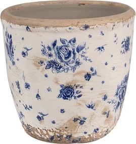 Béžový keramický obal na kvetináč s modrými ružami Blue Rose S - Ø 13*12 cm