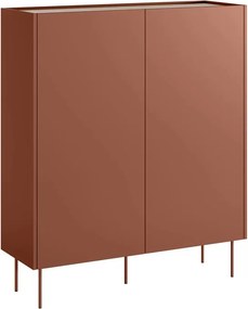 Vysoká komoda Desin 120 cm s dvoma dverami a skrytými zásuvkami - keramická červená / dub nagano