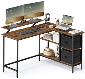 Písací rohový stôl s 2 priestrannými zásuvkami, so stojanom na monitor, rustikálny hnedý