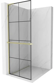 Mexen Kioto+ L, sprchová zástena Walk-In s poličkou a vešiakom 90 x 200 cm, 8mm číre sklo čierny vzor, zlatý matný profil, 800-090-123-55-77